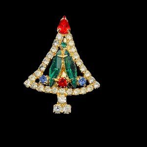 Vintage Hobe? Gold Tone Christmas Tree Brooch With Navette Stones (4768)